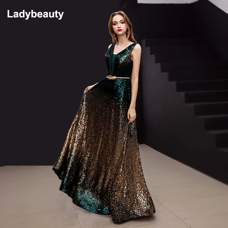 Kaufen Ladybeauty 2019 Neue ankunft Gradienten Pailletten Abendkleid V ausschnitt sleeveless Einfache Abendkleider Lange Party perspektive Dresse