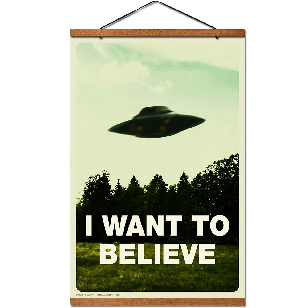 

The X-Files I Want to Believe Poster Hanging Scroll Canvas Painting With Teak Wood Wall Art Pictures