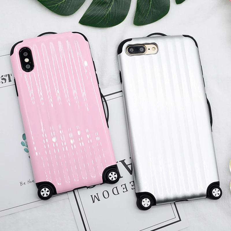 

Luxury Luggage Phone Case For iphone X 6 6s Plus 7 8 Plus Cute Suitcase Case Wheel trunk back Cover 360 protection Soft Shell