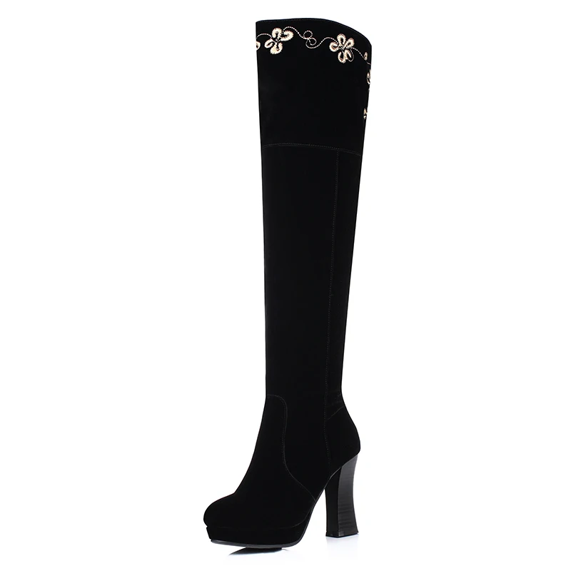 Para Botas Black Arden 2017 Tacones Rodilla La Moda Tacón De Punta Redonda Invierno Sobre Furtado Bordadas Hoof Plataforma Alto Mujer wHvrHIq