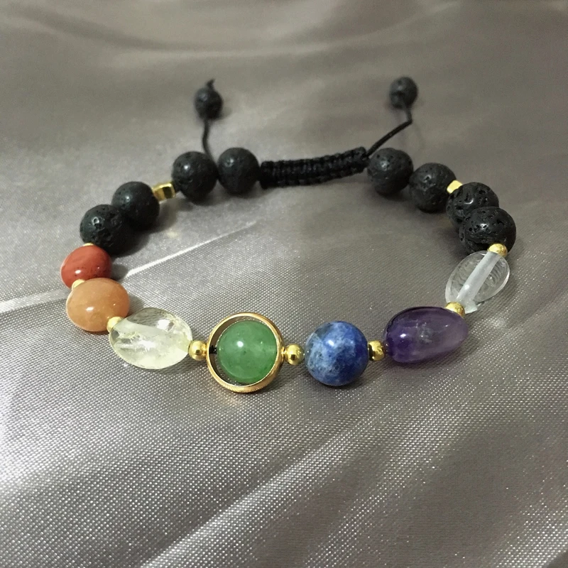 

Punk Black Rock Lava 7 Chakra Bracelet Rainbow Healing Natural Stone Crystal Quartz Sodalite Rope Adjustable Bracelets Men Women