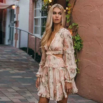 

New Europe detonation model backless dress sexy deep V belt printing flowers ear holiday leisure dress