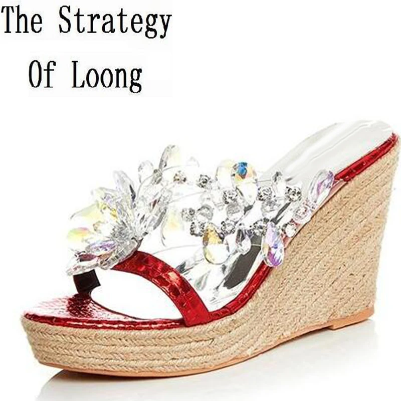 

Women 2016 Summer New Straw Plaited Article Genuine Leather Slippers Wedges High Heel Open The Toe Fashion Rhinestone Sandals