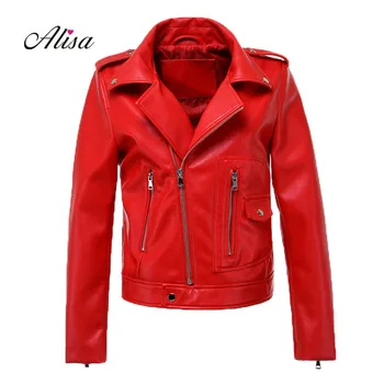 

New 2018 Women Red Leather Jacket Spring Autumn Long Sleeved Turn Down Collar Slim Pu Jacket Ladies Moto Biker Leatherc Coat