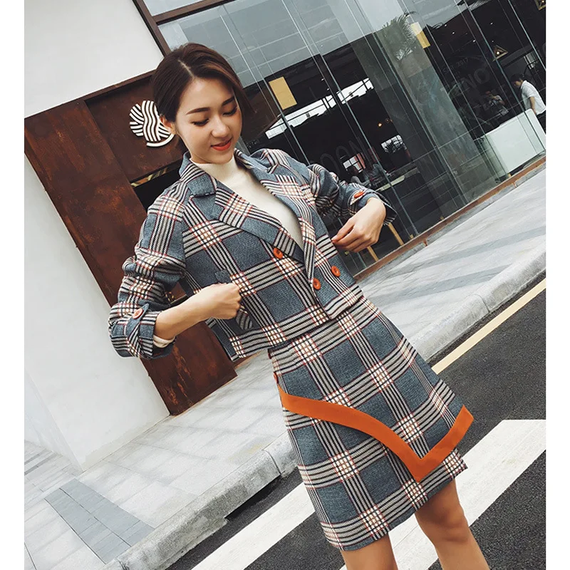 LXUNYI Spring Autumn Two Piece Plaid Skirt Suit Set Women Korean Style Female Set Mini Skirt And Short Jackets Double Breasted