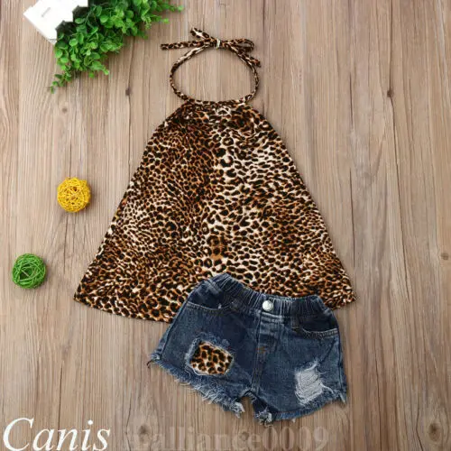 

2Pcs Newborn Kids Baby Girls Leopard Halter Vest Tops Jeans Shorts Outfits Summer Girls Clothes