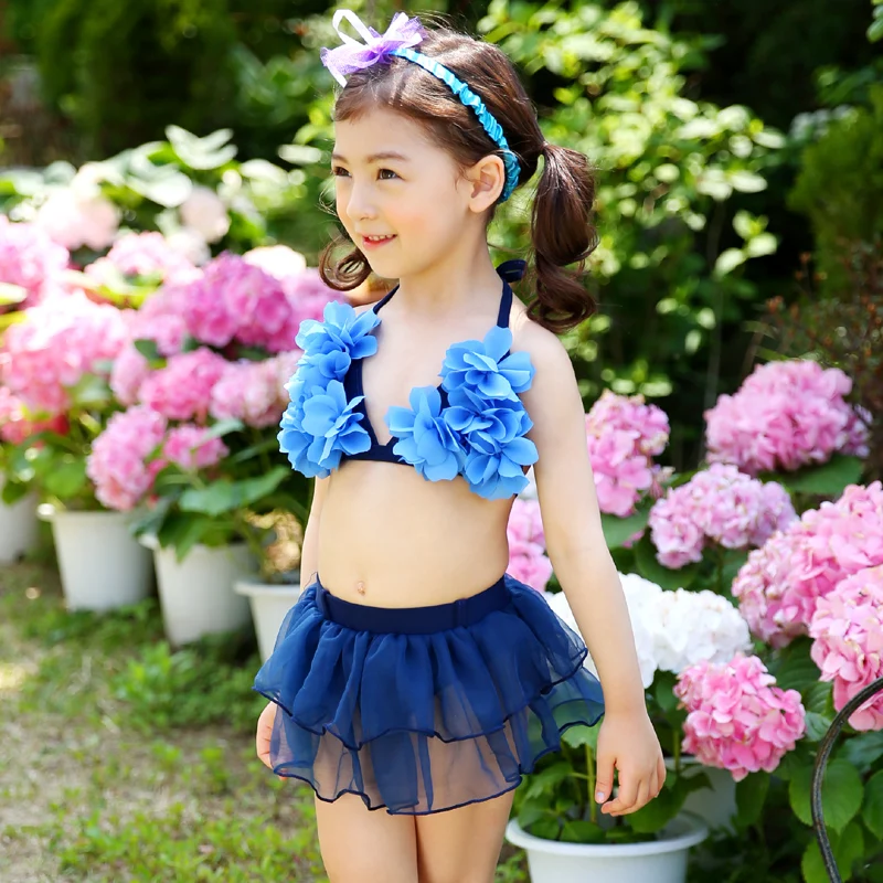 

Girls Bikini Set Children Swimsuit Petal Top Lace Bubble Skirt Swimwear Swim Beachwear Bathing Suit Plavky Navy Blue Kids Bikiny