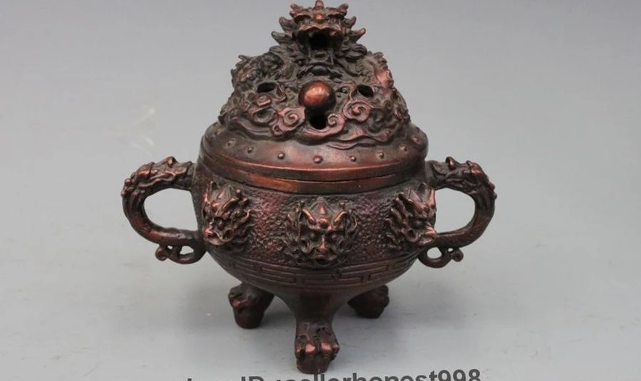 

China red Bronze Copper Carved Dragon Buddhism Temple Incense Burner Statue