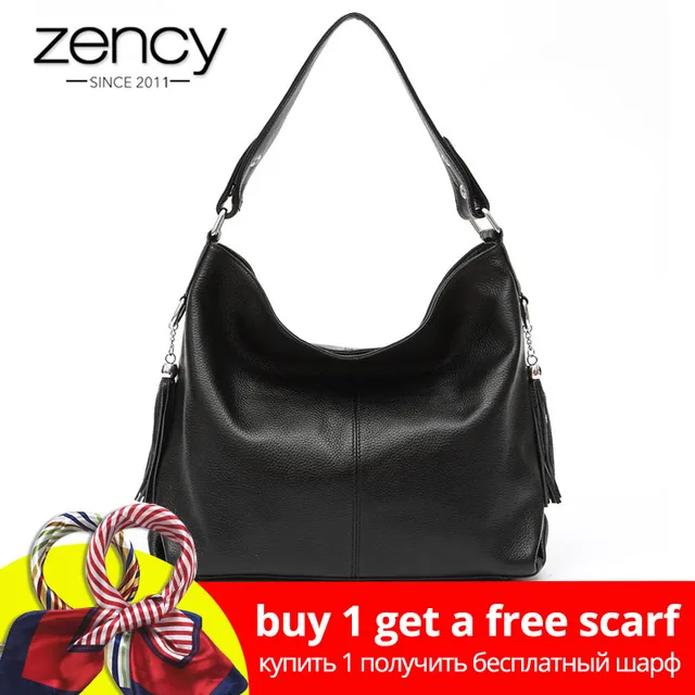 Zency Elegant Women Shoulder Bag 100% Genuine Leather Fashion Female Messenger Handbag Tassels Charm White Crossbody Purse Black