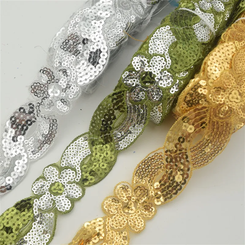 

15yards cheap flower Sequin Fabric Venise Decorated Braided Edge Metallic Bridal wedding Trim Wide:3.2cm