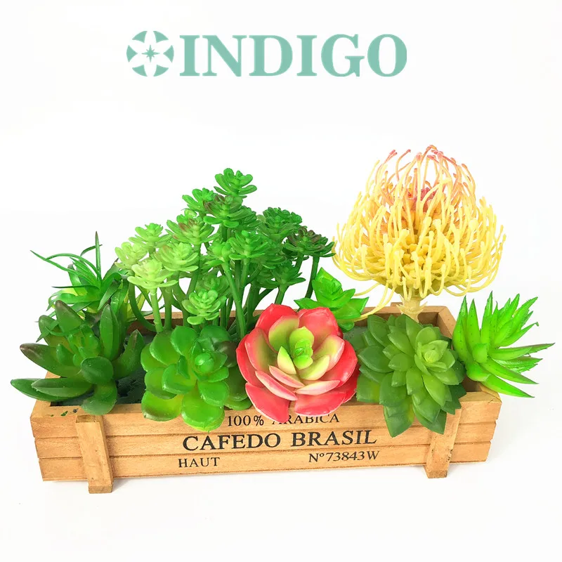 

INDIGO- Green Artificial Succulent Plant (9pcs+1 Wood Tray)/Set Flower Bonsai Table Decoration Plant Free Shipping