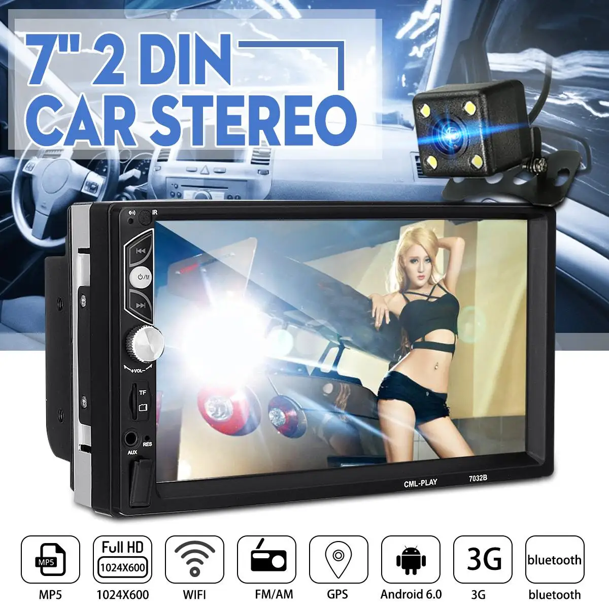 

7in 2 DIN For Android 6.0 bluetooth Player Car Stereo GPS/MP4/MP5/FM/AM 3G WIFI Support Touchable Screen GPS Navigation 1+16G