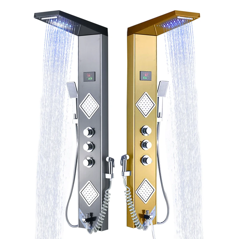 FMHJFISD светодиодный душ панель черная душевая колонка башня цифровой экран температура 3 ручки смеситель спрей биде смеситель для душа кран
