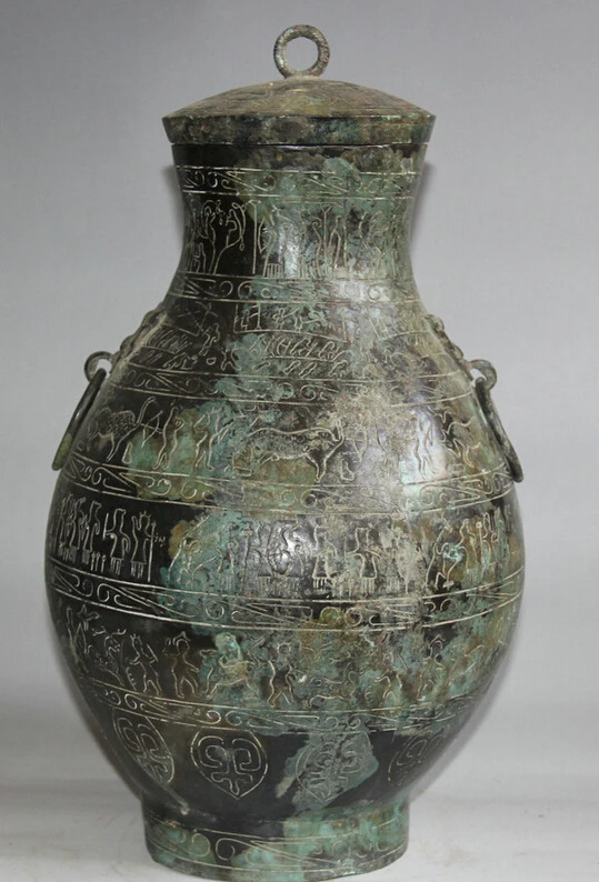 

S5692 16" Old Chinese Dynasty palace Bronze Beast people jar kettle pot Bottle Vase D0318