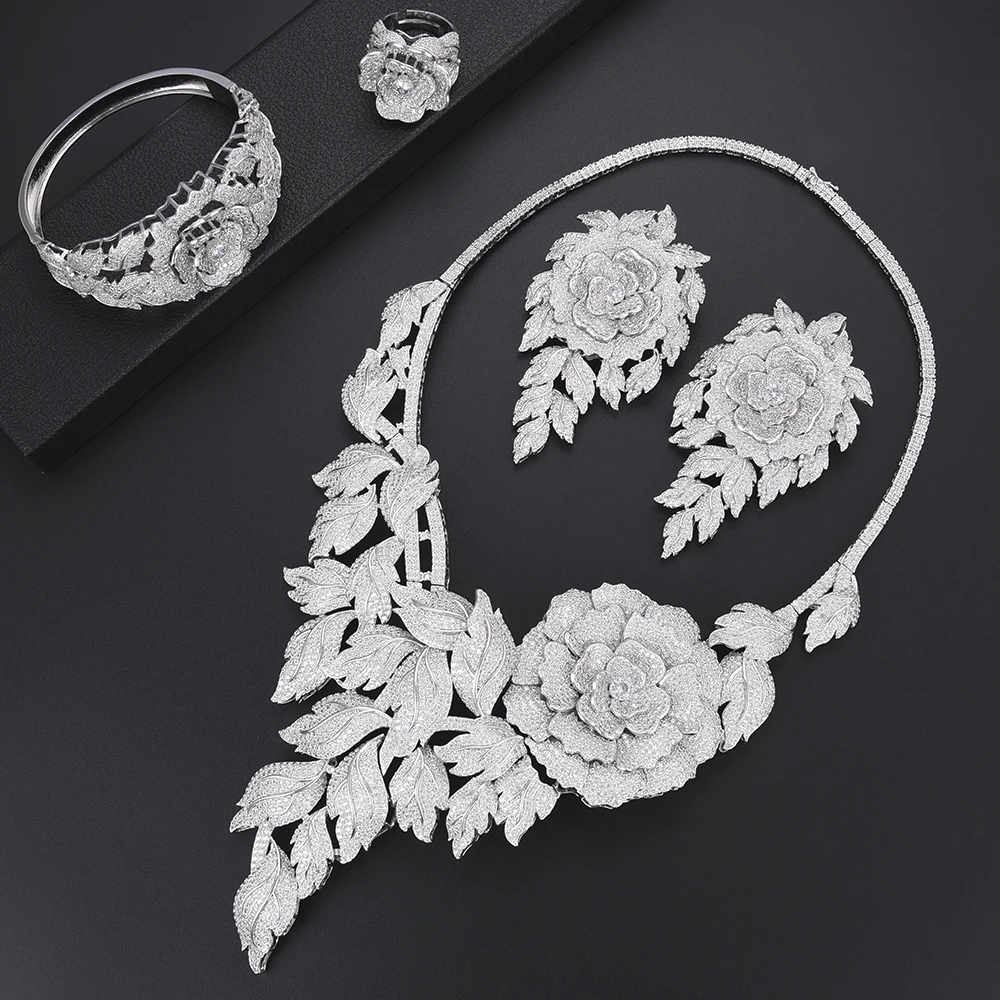 

missvikki Fashion Vintage Luxury Valuable Peony Big Flowers Jewelry Set Necklace Bangle Earrings Ring For Bridal Wedding Party
