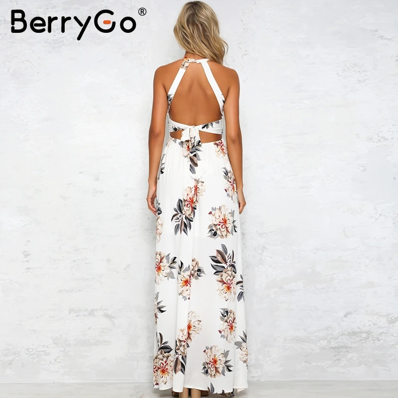 BerryGo Floral print halter chiffon long dress Women backless 2018 maxi dresses vestidos Sexy white split beach summer dress