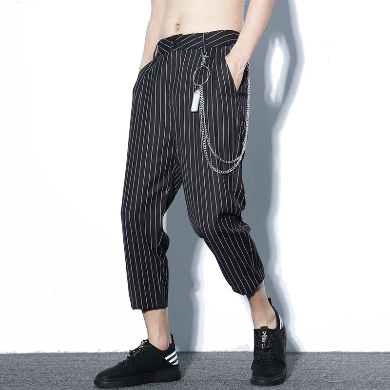 

2019 Men stripe punk hip hop punk harem pants night club singer stage pantskirt man gothic dance japanese streetwear trousers