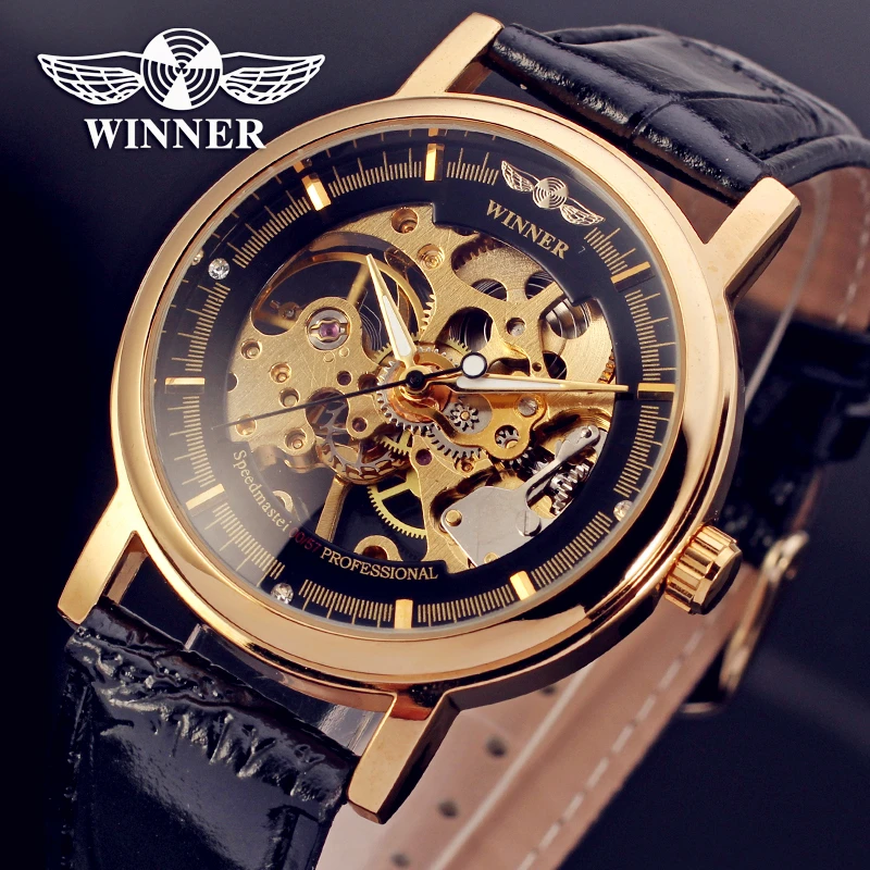 Fashion font b WINNER b font Men Luxury Brand Hand wind Leather Casual Watch Automatic Mechanical