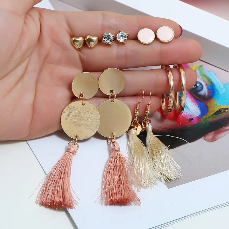 Belleper New Design Tassel Earring Sets Women Geometric Bohemian Gold Flower Long Tassel Earring Set Fashion Wedding Jewelry