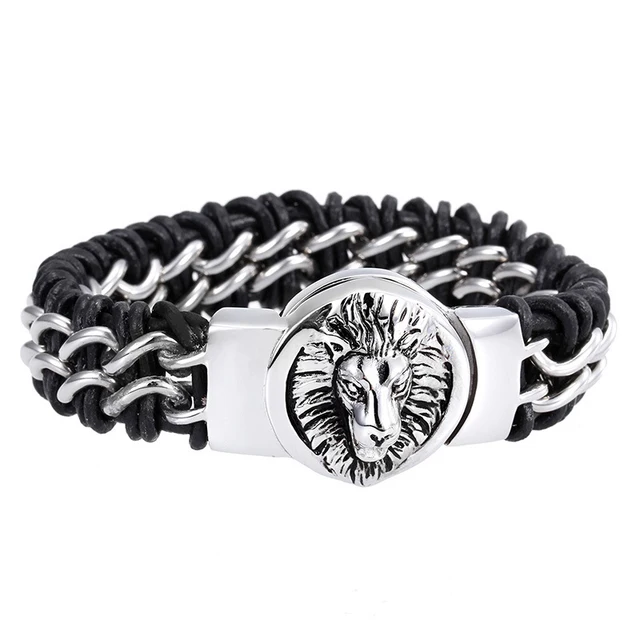 Pink Men Bracelet Genuine Leather Stainless Steel Wrap Pink Men Bracelet Genuine Leather Stainless Steel Wrap Wristband For Clic Silver Gold Lion