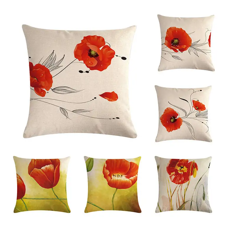 

Beautiful Red Flower Cushion Cover Pillow Case Color Cloth 45X45cm Thin Linen Cotton Bedroom Sofa Decoration ZY197