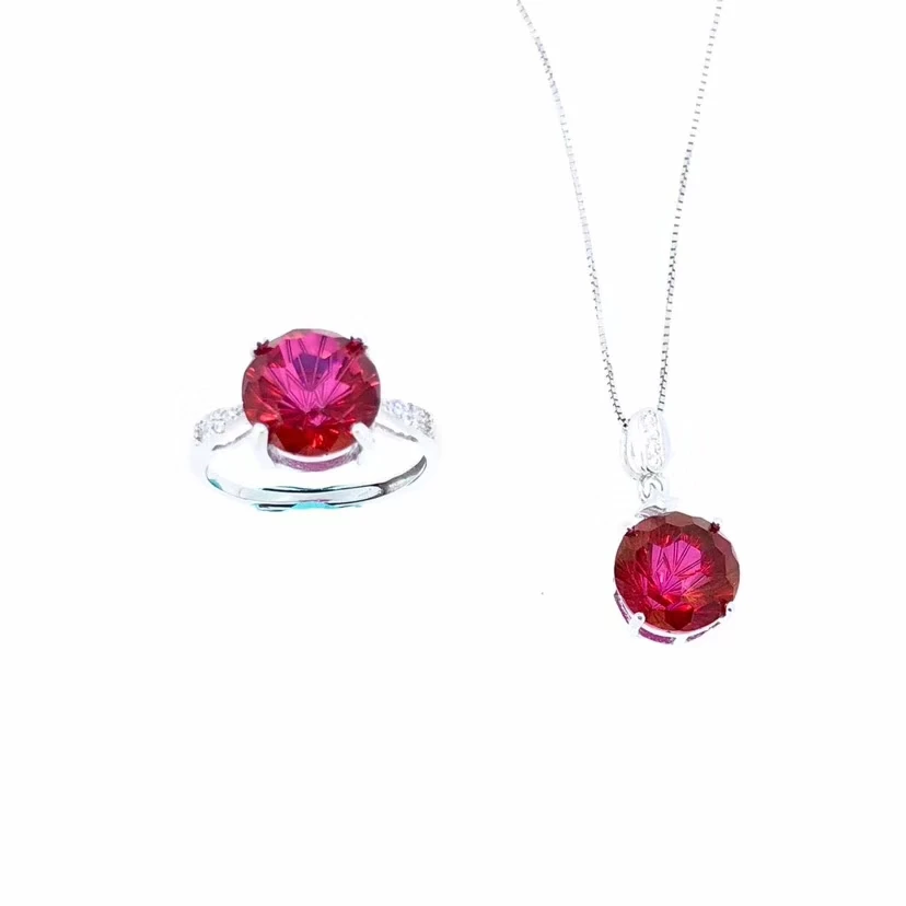 

Fashion simple small round Natural red topaz gem Ring Pendant Natural Gemstone Jewelry Set 925 Silver Women party gift jewelry