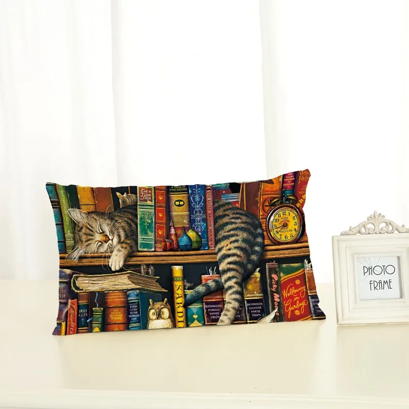 

Cartoon Cat Cushion Covers Green Plant Home decoration 30x50 Decorative Beige Linen Pillow Case