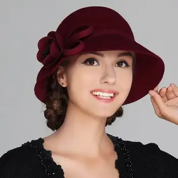 

New Arrival Wool hat Autumn Winter Noble European American Elegant Girls Fashion Cap Ladies floral Hat Women Wool Fedora Hat