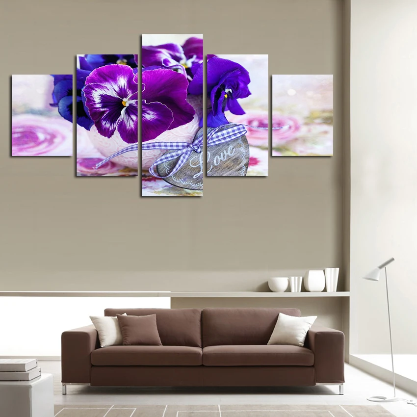 Unframed 5 Panel Wall Art Modern Purple Butterfly Flower Scenery Canvas