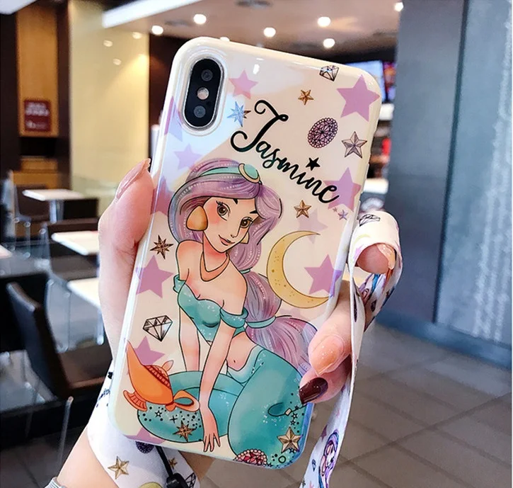

For iPhone XS Max jasmine princess phone Cases For iphone X XS XR 6 6Splus 7 7Plus Ariel princess soft cover +Silk ribbon strap