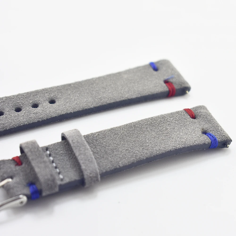 Handmade Leather Comfort Gray Suede Strap 18mm/20mm/22mm Stainless Steel Buckle High Quality Red Blue Line 2018 new