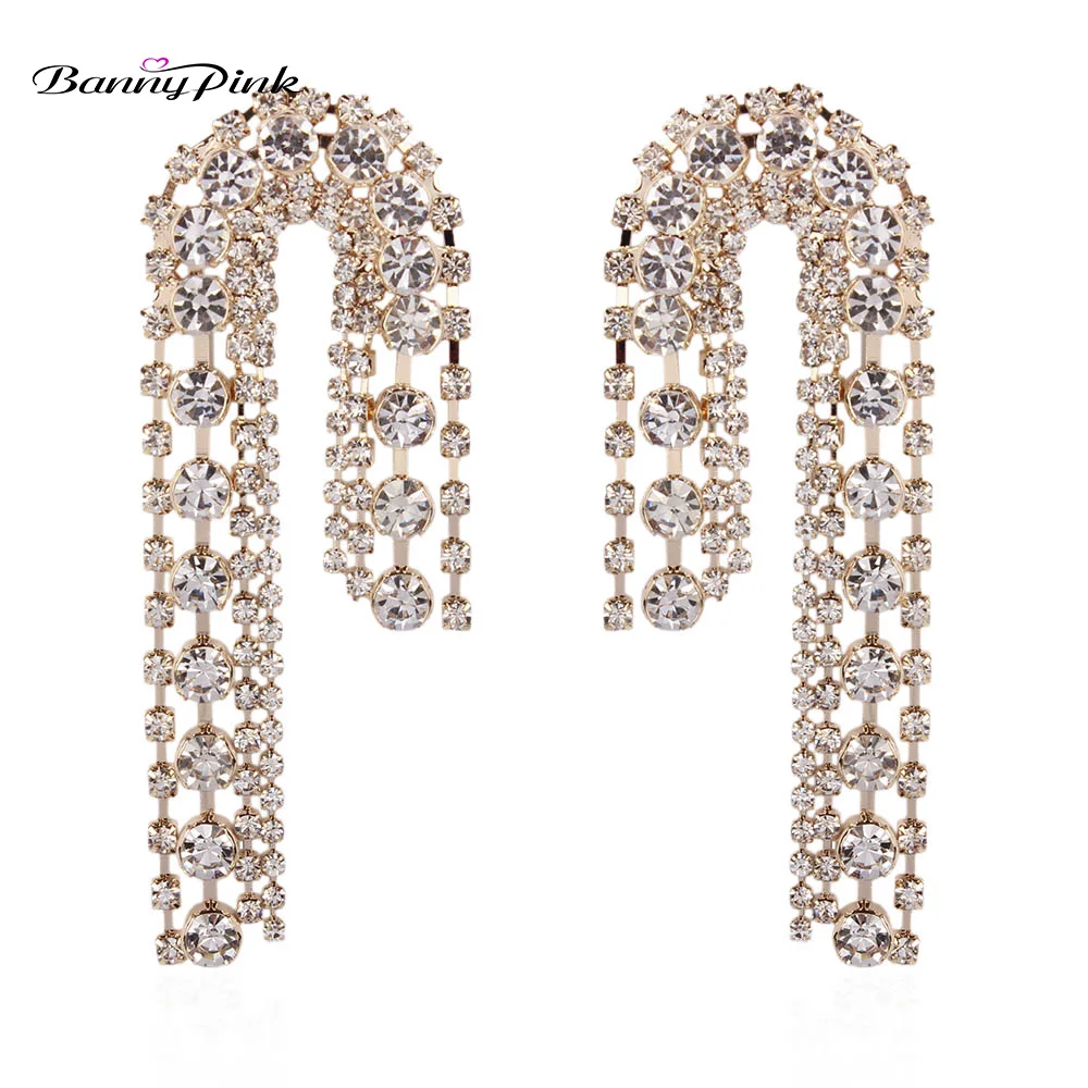 Banny/розовые свадебные серьги со стразами и цепочкой с кисточками для женщин, блестящие серьги с кристаллами, роскошные геометрические серьги