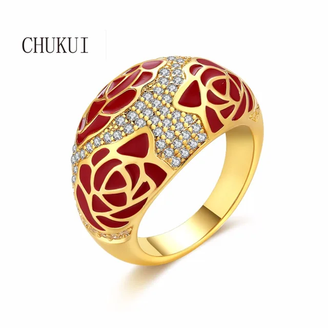 CHUKUI Wholesale Simple Gold Jewelry Men Rings For Women Copper Wedding Band Red Enamel Rose Flower Crystal Rhinestone Ring