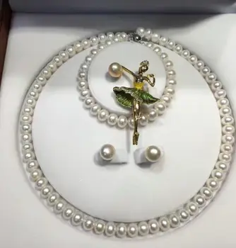 

free shipping luxury Noble jewelry 8-9mm Freshwater Pearl necklace& BRACELET earring beauty brooch set 45CM