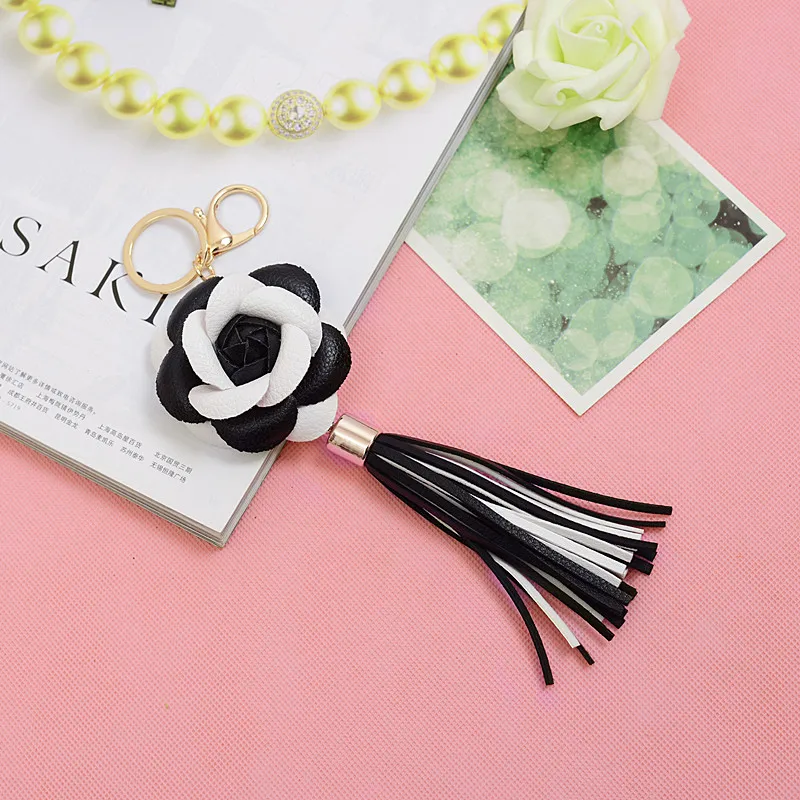 

Hot sale Camellia Flower Women Leather Tassel Key Chain Golden Fashion Key Ring Women Bag Pendant Car Keychain EH814