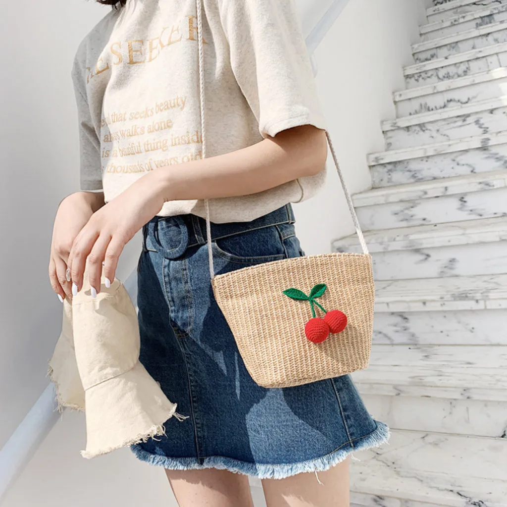 

Cherry Accessories Bucket bag female summer Rattan Bag Handmade Woven Beach sac Solid Color Messenger Bag Bohemia rieten tas