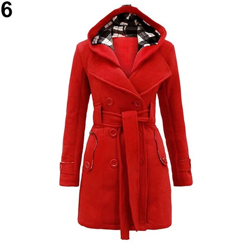 Новая женская модная теплая куртка с капюшоном двубортная Длинная ветровка с поясом - Цвет: Красный