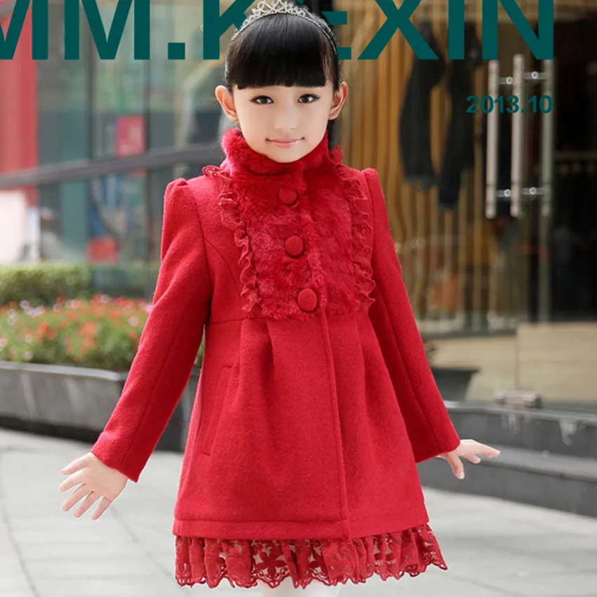 2017 winter girls outerwear red wool girl jacket fur collar children winter coat girls clothes