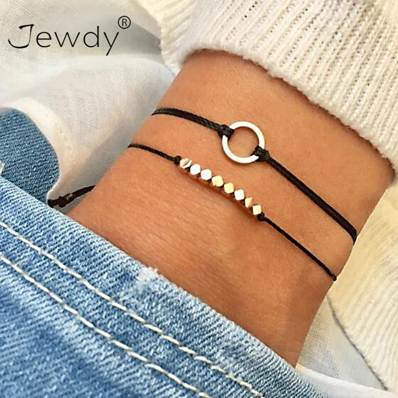 

2 Pcs/ Set Simple Geometric Round Square Beads Black Leather Adjustable Multilayer Bracelet Set Women Fashion Party Jewelry