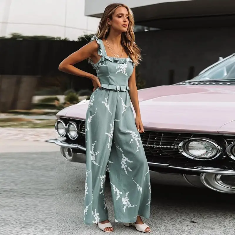 Fashion Print Ruffles Jumpsuits Ladies Casual Sleeveless Playsuit Sexy Women Beach Party Overalls Romper One Piece Girl