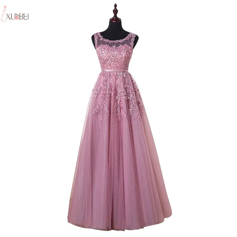 

2019 Elegant Pink Long Evening Dress Scoop Neck Sleeveless Tulle Applique Gown robe de soiree Real Photo