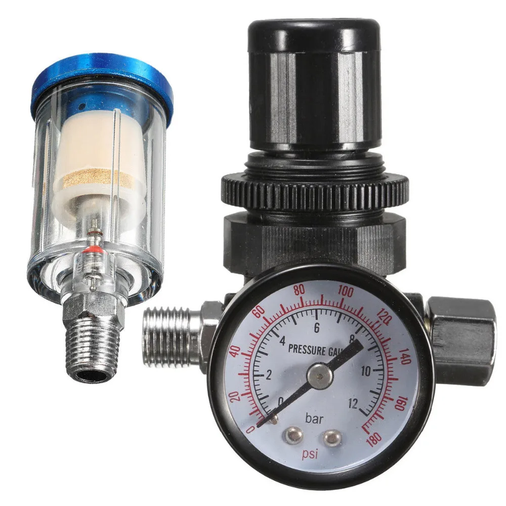 

HVLP Spray Air Regulator Pressure Gauge & 1/4" Mini Inline Air Filter Separator Adjust Air Pressure Regulator Gauge Spray Gun