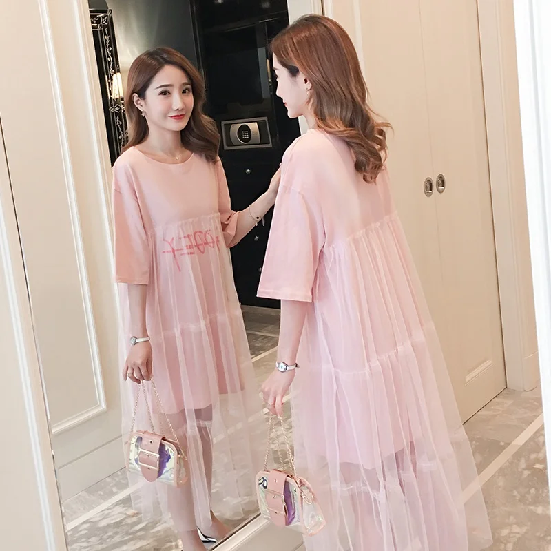 

2019 new summer loose Korean T-shirt summer hot mom fashion mesh mesh pregnant women dress pregnancy skirt