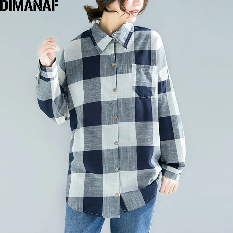 

DIMANAF Plus Size Women Blouse Shirts Female Office Lady Tops Print Plaid Vintage Large Loose Cotton Clothing 2109 Spring M-4XL