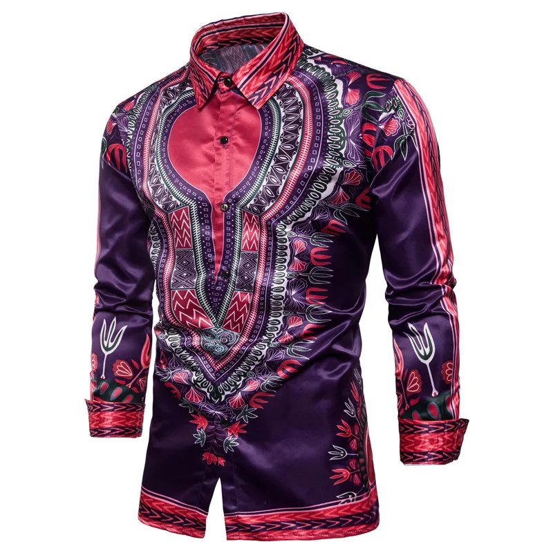 Men's autumn new 2018Personality casual Shirt clothes men Ethnic style Digital pattern cotton dress long-sleeved shirt S-XXL (8)