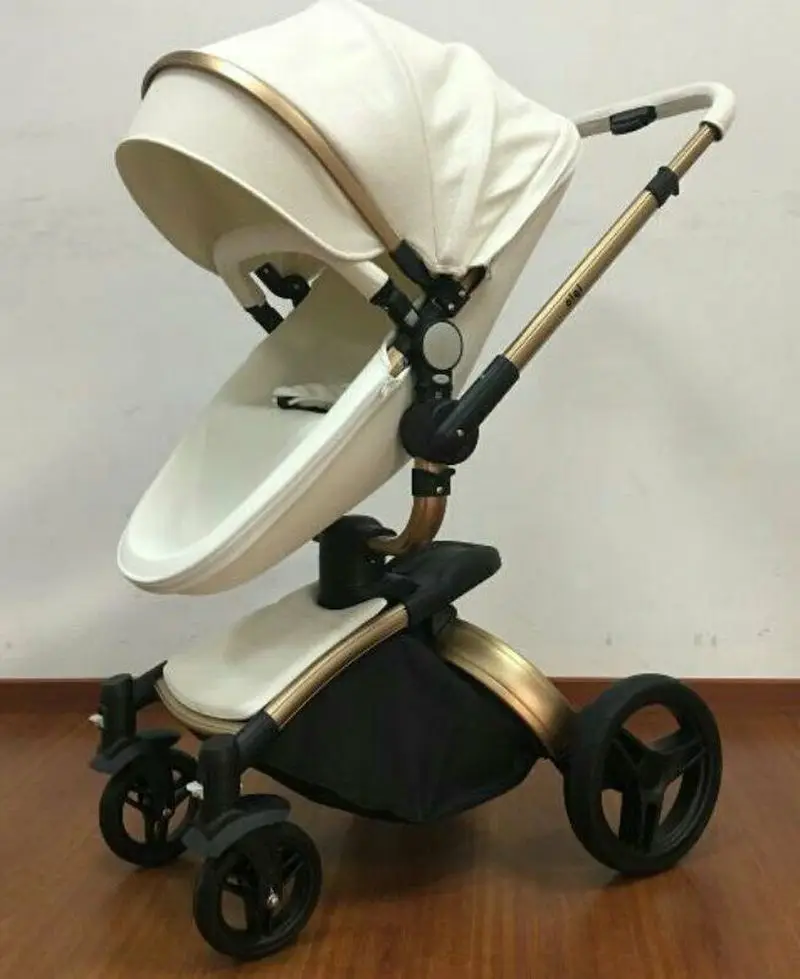 

High View PU Leather Jogging Baby Stroller Travel Baby Carriage Umbrella Cart Convertible Baby Stroller 3 In 1 with Car Seat