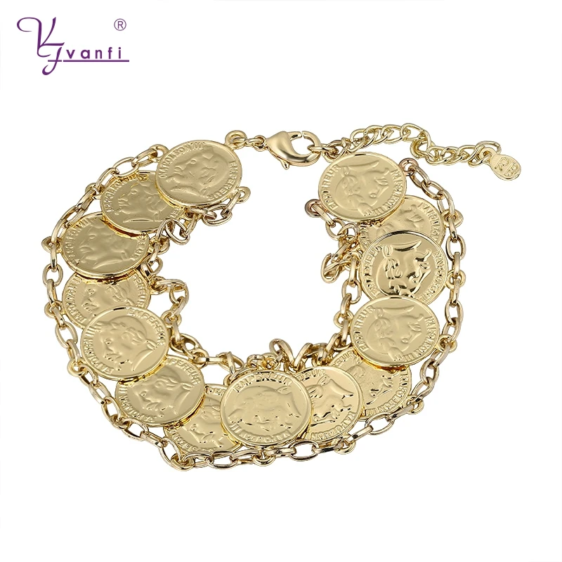 

Kfvanfi special design copper portrait gold color bracelet round shaped tennis bracelet bangle with chain gift for women bijoux