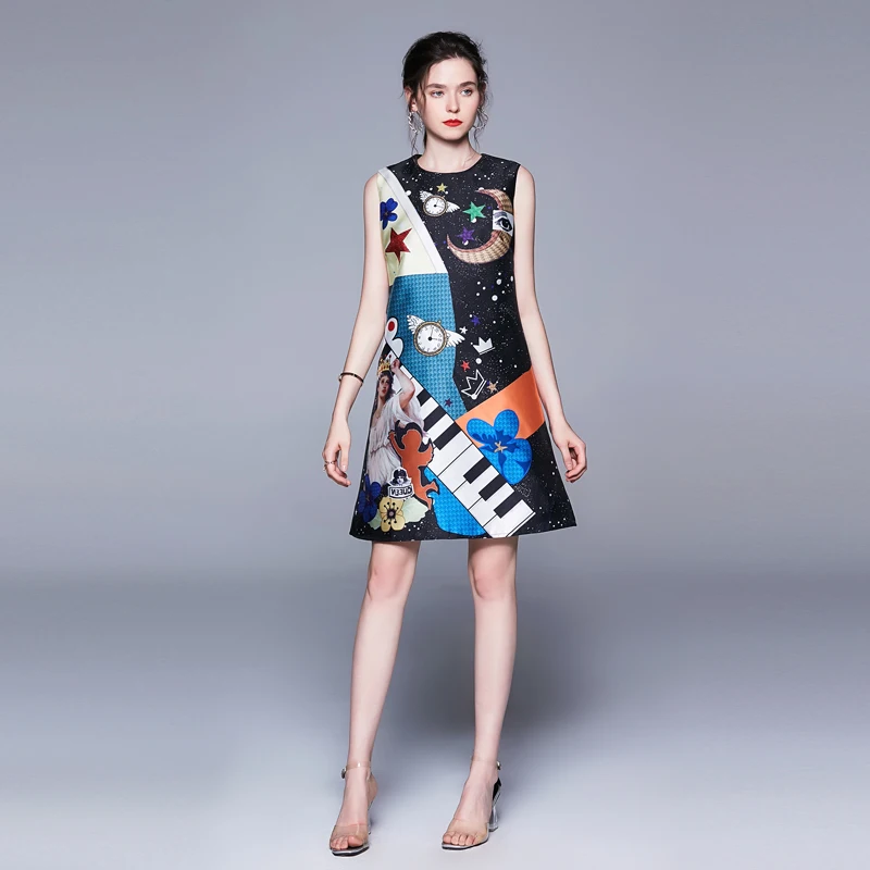 

2019 Summer dress Fashion Elegant Mini vestidos Luxury Sleeveless Vintage tank Print robe femme Ladies Slim Party Dress