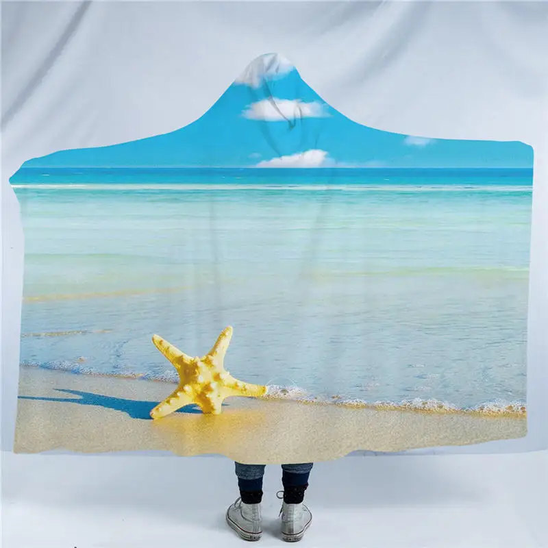 

Starfish And Ocean Hooded Blanket Cool 3D Print Sherpa Fleece Wearable Blanket for Adults Blue Throw Blanket manta