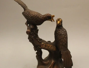 

10" Chinese Fengshui Bronze Magpie Two Bird spouse Play plum blossom Statue scul